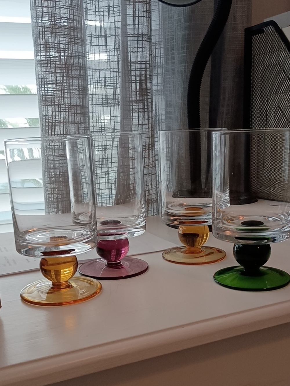 Set of Eight Clear Stemmed Glasses with Amber, Pink, Yellow & Green Bases